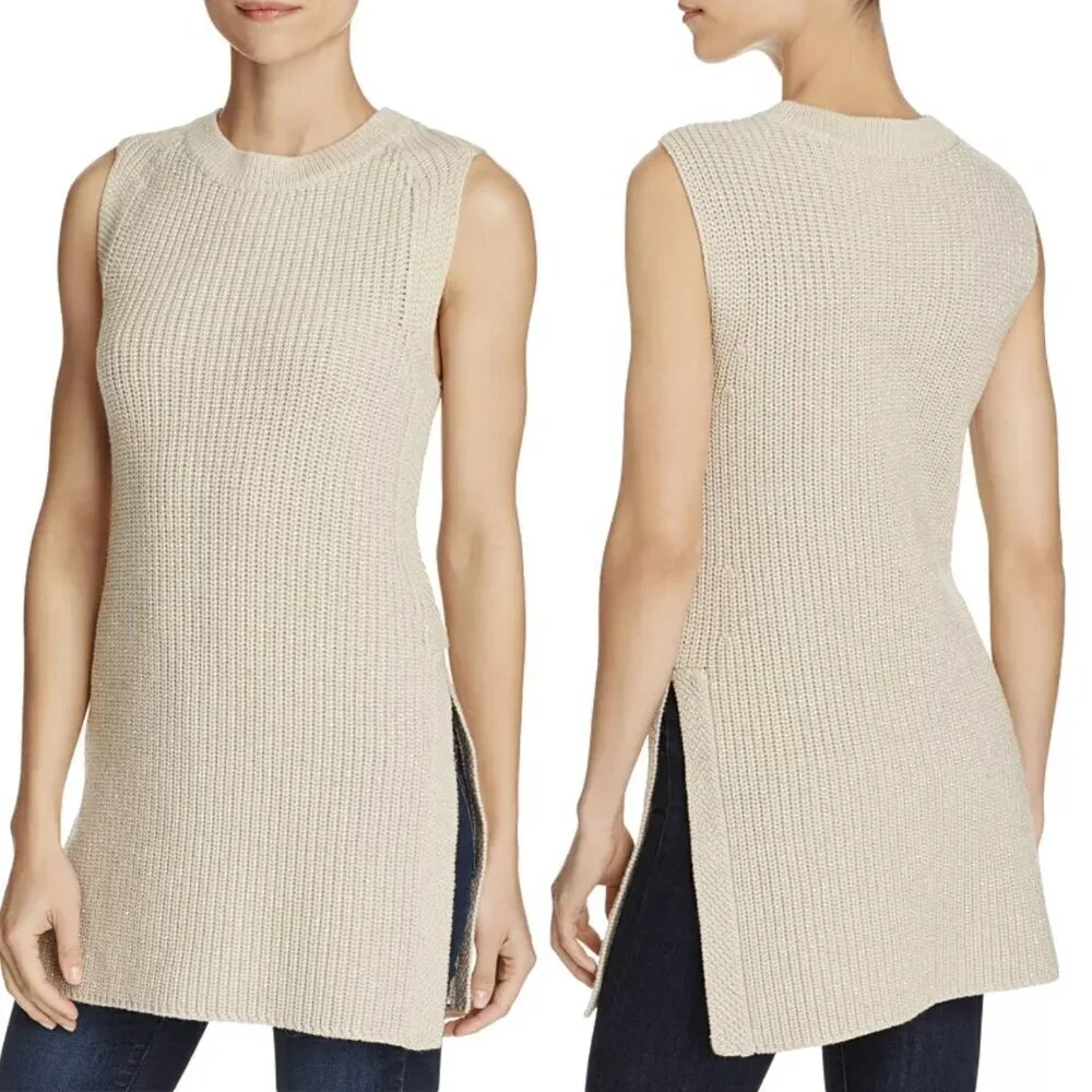 Three Dots Metallic Sleeveless Sweater Knit Tunic in Oatmeal/Silver, size XS